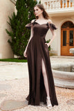 Off the Shoulder Satin Bridesmaid Dress with Pockets Formal Evening Prom Dresses with Slit