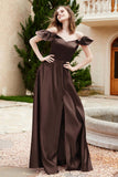 Off the Shoulder Satin Bridesmaid Dress with Pockets Formal Evening Prom Dresses with Slit