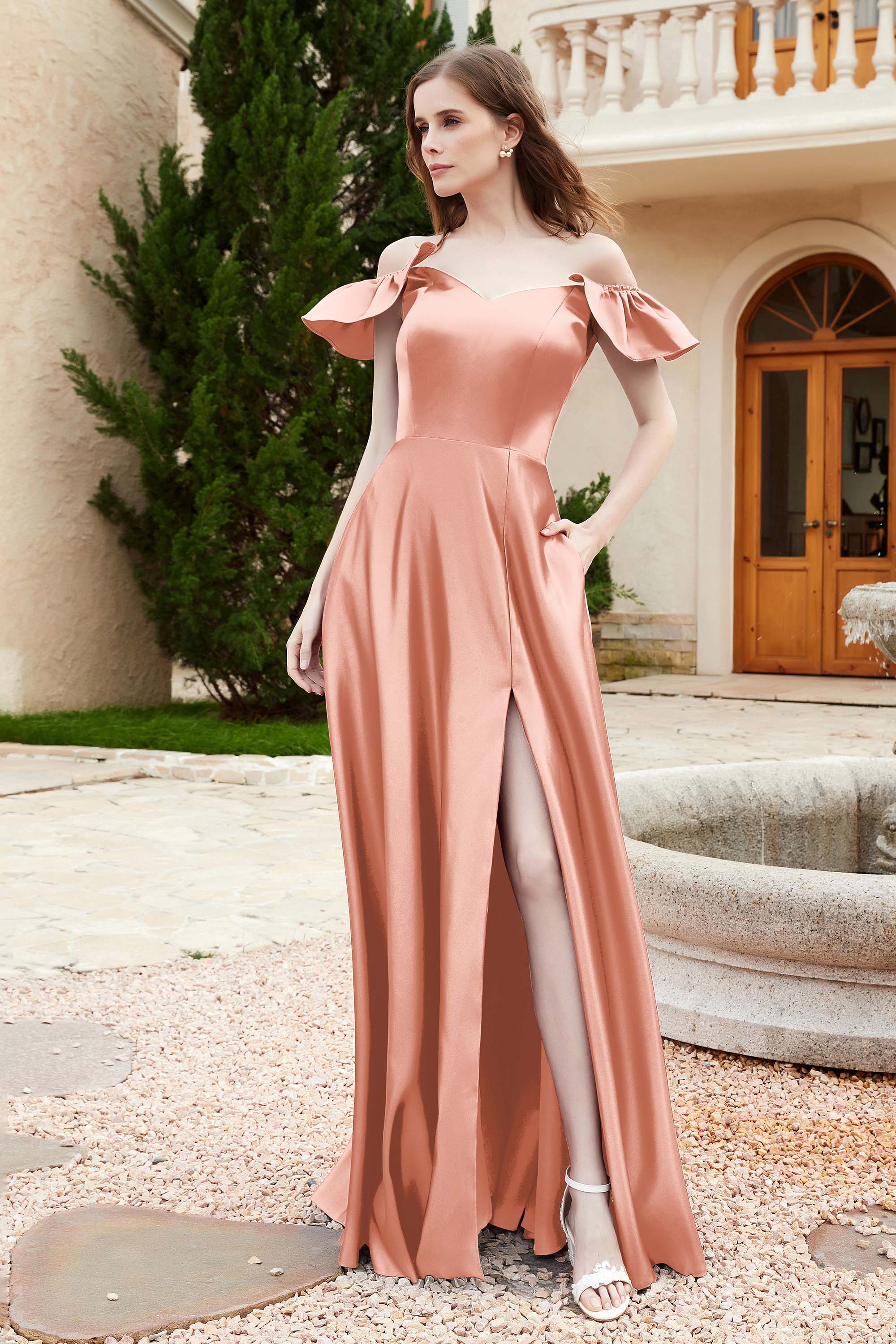 Off the Shoulder Satin Bridesmaid Dress with Pockets Formal Evening Prom Dresses with Slit