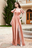 Off the Shoulder Satin Bridesmaid Dress with Pockets Formal Evening Prom Dresses with Slit