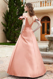 Off the Shoulder Satin Bridesmaid Dress with Pockets Formal Evening Prom Dresses with Slit