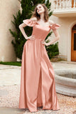 Off the Shoulder Satin Bridesmaid Dress with Pockets Formal Evening Prom Dresses with Slit