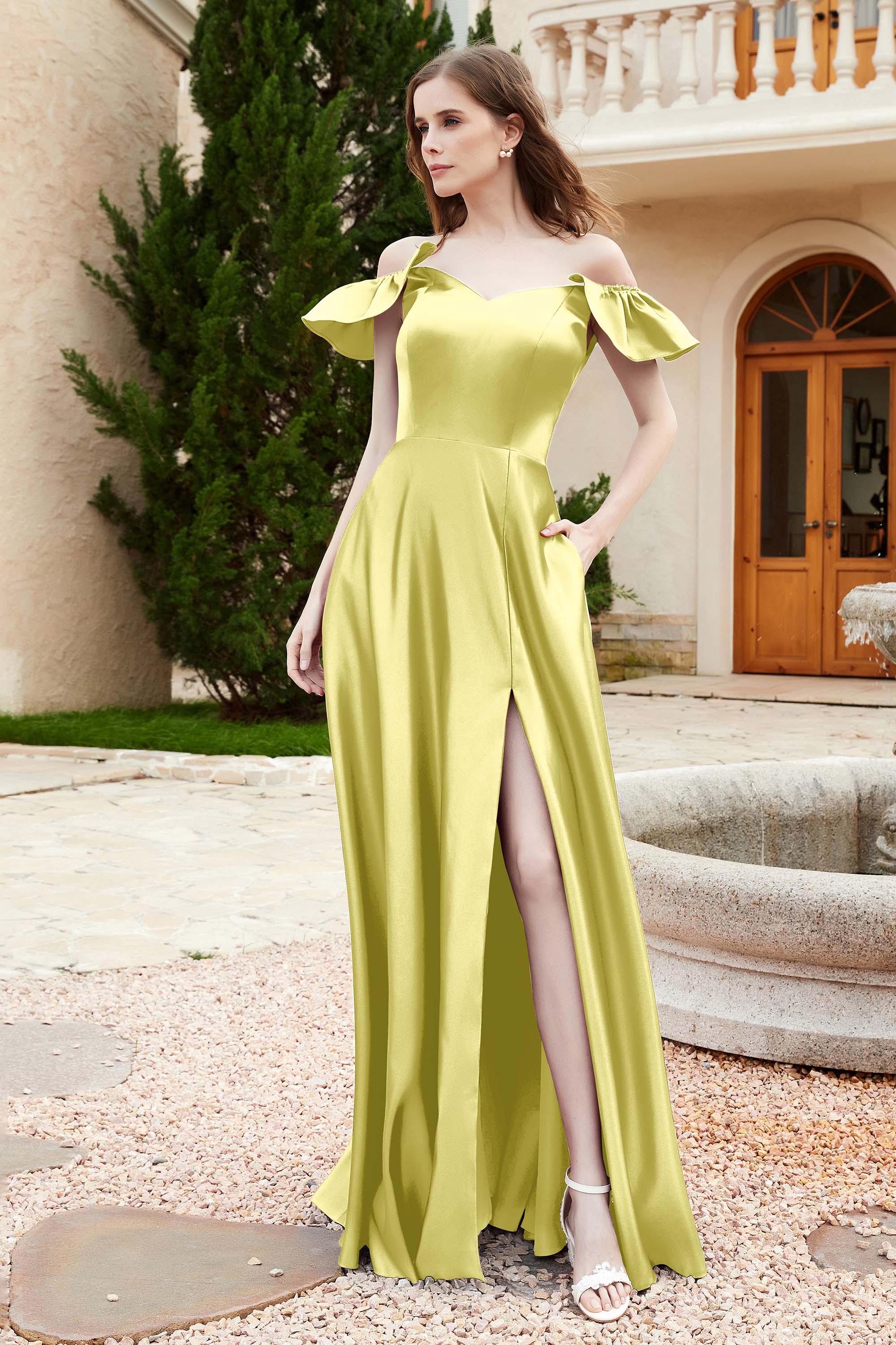 Off the Shoulder Satin Bridesmaid Dress with Pockets Formal Evening Prom Dresses with Slit