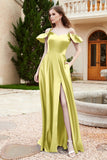 Off the Shoulder Satin Bridesmaid Dress with Pockets Formal Evening Prom Dresses with Slit