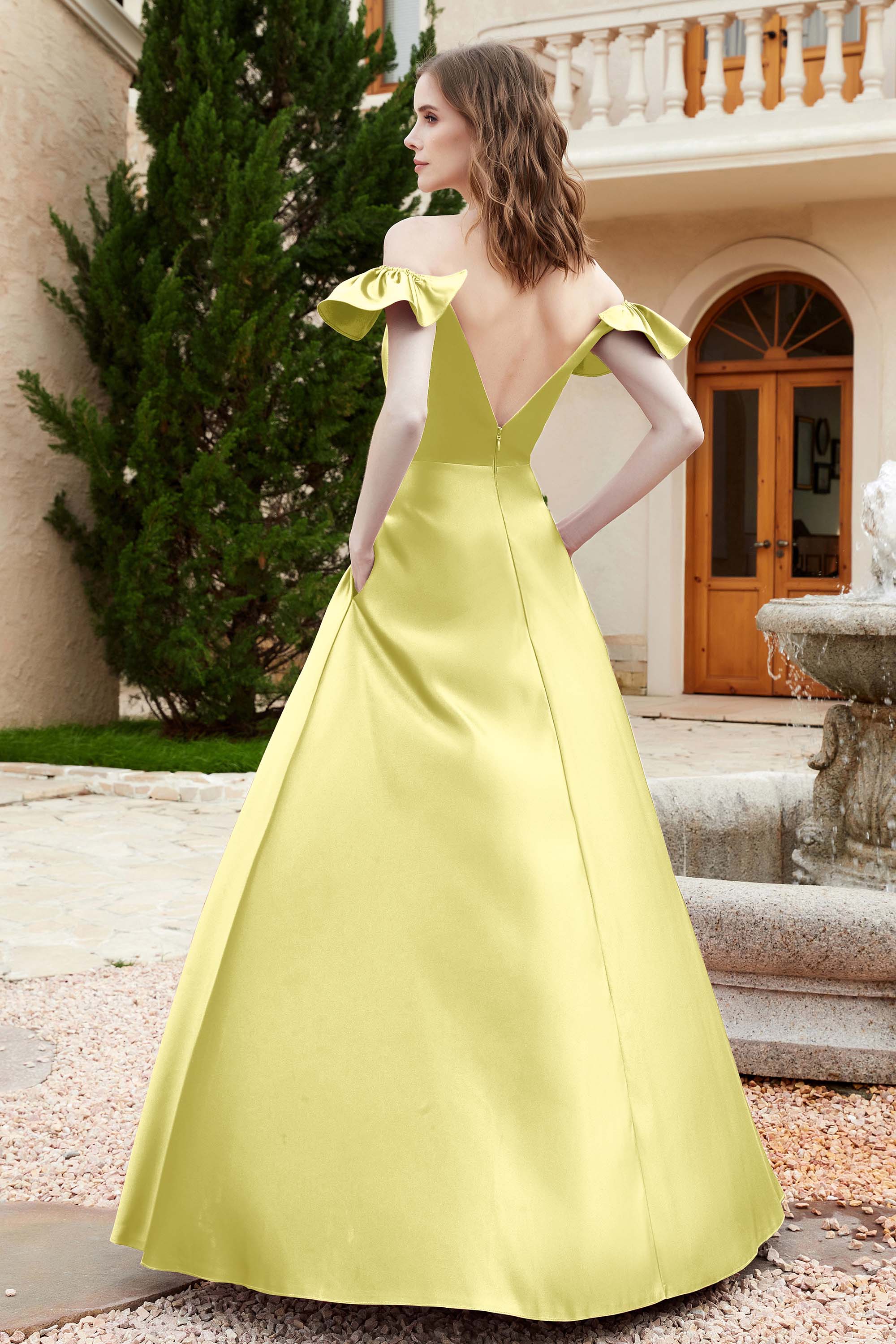 Off the Shoulder Satin Bridesmaid Dress with Pockets Formal Evening Prom Dresses with Slit
