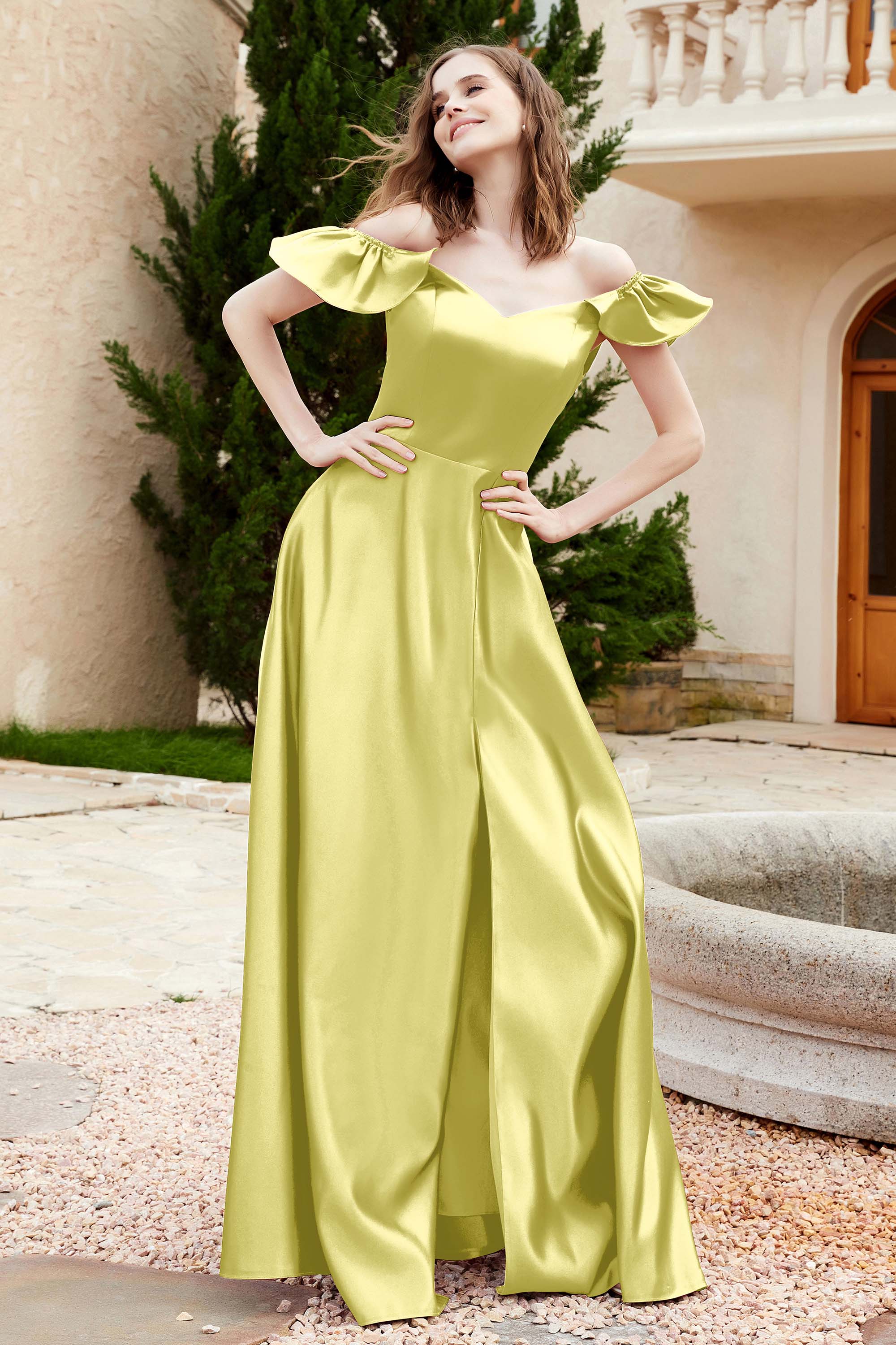 Off the Shoulder Satin Bridesmaid Dress with Pockets Formal Evening Prom Dresses with Slit