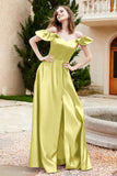 Off the Shoulder Satin Bridesmaid Dress with Pockets Formal Evening Prom Dresses with Slit