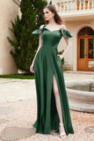 Off the Shoulder Satin Bridesmaid Dress with Pockets Formal Evening Prom Dresses with Slit