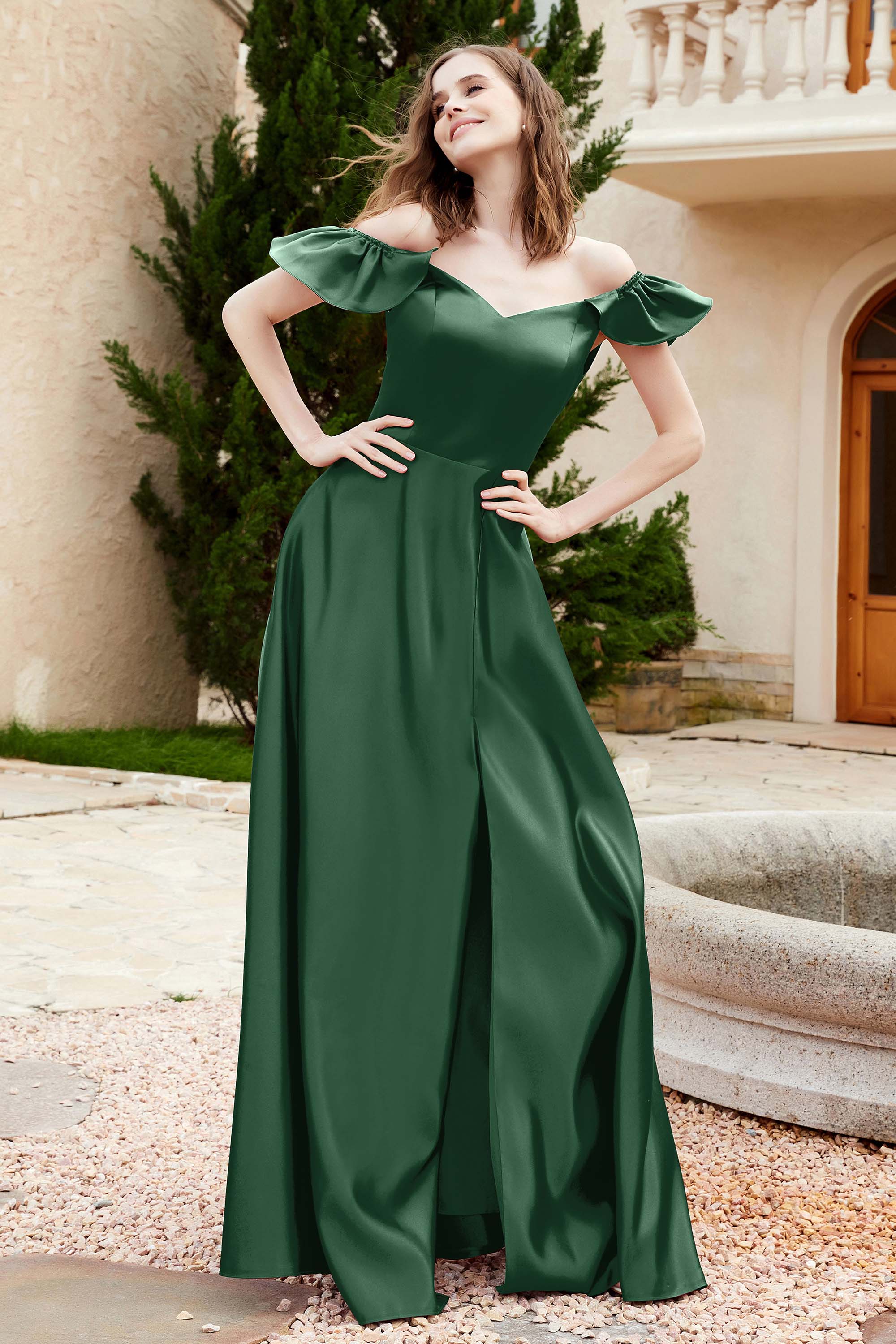Off the Shoulder Satin Bridesmaid Dress with Pockets Formal Evening Prom Dresses with Slit