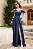 Off the Shoulder Satin Bridesmaid Dress with Pockets Formal Evening Prom Dresses with Slit