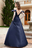 Off the Shoulder Satin Bridesmaid Dress with Pockets Formal Evening Prom Dresses with Slit