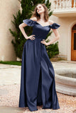 Off the Shoulder Satin Bridesmaid Dress with Pockets Formal Evening Prom Dresses with Slit