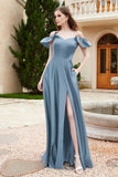 Off the Shoulder Satin Bridesmaid Dress with Pockets Formal Evening Prom Dresses with Slit