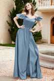 Off the Shoulder Satin Bridesmaid Dress with Pockets Formal Evening Prom Dresses with Slit