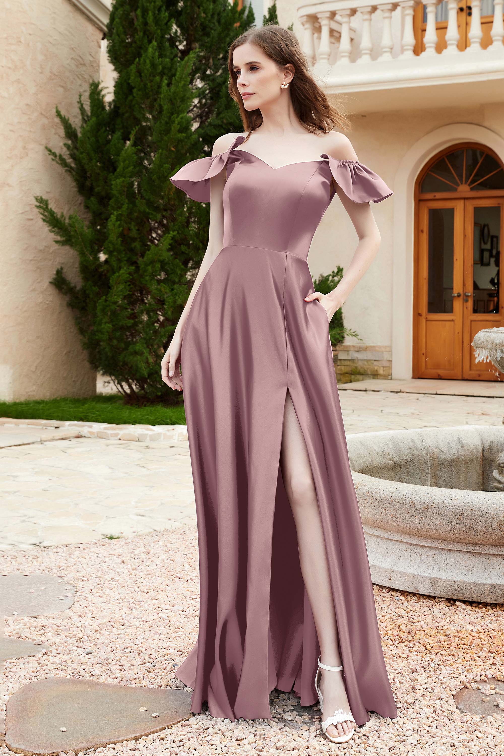 Off the Shoulder Satin Bridesmaid Dress with Pockets Formal Evening Prom Dresses with Slit
