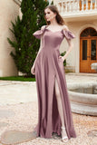 Off the Shoulder Satin Bridesmaid Dress with Pockets Formal Evening Prom Dresses with Slit