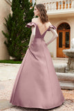Off the Shoulder Satin Bridesmaid Dress with Pockets Formal Evening Prom Dresses with Slit