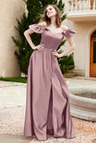 Off the Shoulder Satin Bridesmaid Dress with Pockets Formal Evening Prom Dresses with Slit