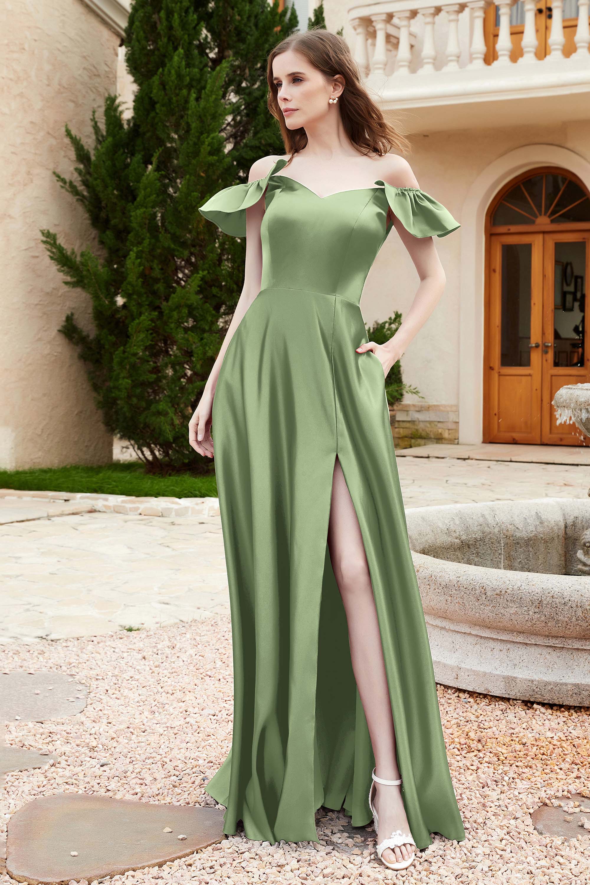 Off the Shoulder Satin Bridesmaid Dress with Pockets Formal Evening Prom Dresses with Slit