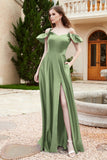 Off the Shoulder Satin Bridesmaid Dress with Pockets Formal Evening Prom Dresses with Slit