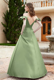 Off the Shoulder Satin Bridesmaid Dress with Pockets Formal Evening Prom Dresses with Slit
