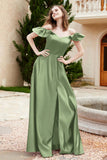 Off the Shoulder Satin Bridesmaid Dress with Pockets Formal Evening Prom Dresses with Slit