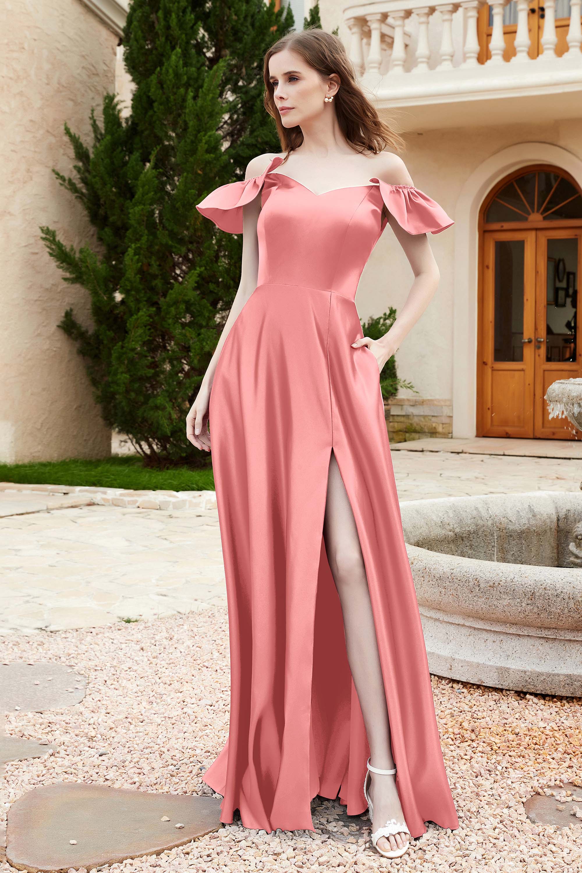 Off the Shoulder Satin Bridesmaid Dress with Pockets Formal Evening Prom Dresses with Slit