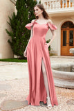 Off the Shoulder Satin Bridesmaid Dress with Pockets Formal Evening Prom Dresses with Slit