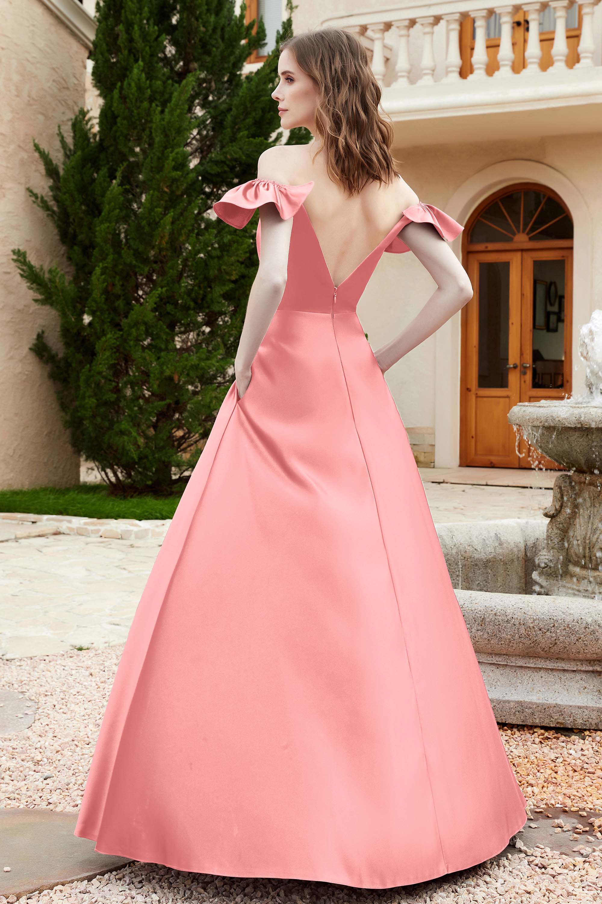 Off the Shoulder Satin Bridesmaid Dress with Pockets Formal Evening Prom Dresses with Slit