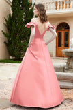 Off the Shoulder Satin Bridesmaid Dress with Pockets Formal Evening Prom Dresses with Slit