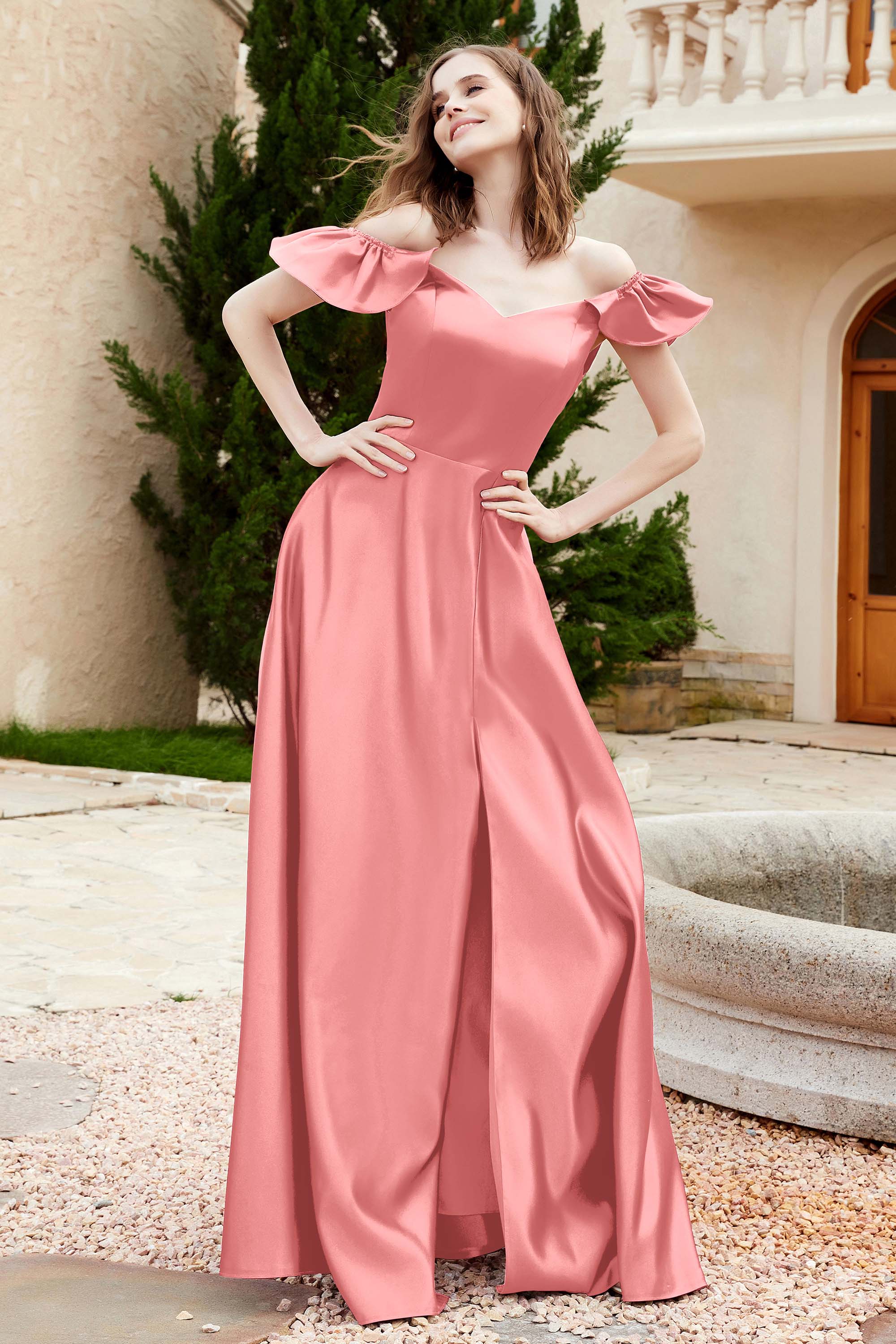 Off the Shoulder Satin Bridesmaid Dress with Pockets Formal Evening Prom Dresses with Slit