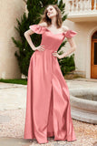Off the Shoulder Satin Bridesmaid Dress with Pockets Formal Evening Prom Dresses with Slit
