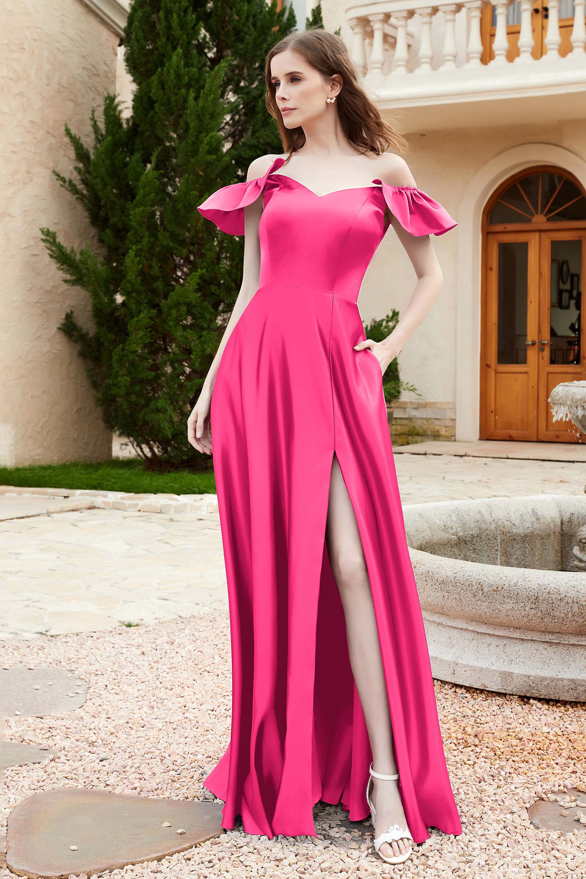 Off the Shoulder Satin Bridesmaid Dress with Pockets Formal Evening Prom Dresses with Slit