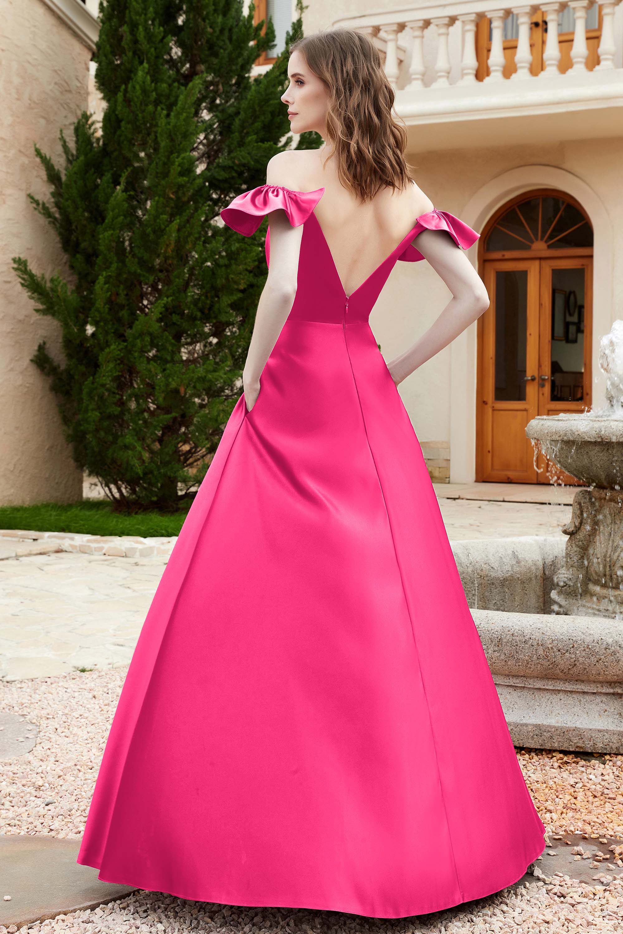 Off the Shoulder Satin Bridesmaid Dress with Pockets Formal Evening Prom Dresses with Slit