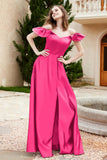 Off the Shoulder Satin Bridesmaid Dress with Pockets Formal Evening Prom Dresses with Slit