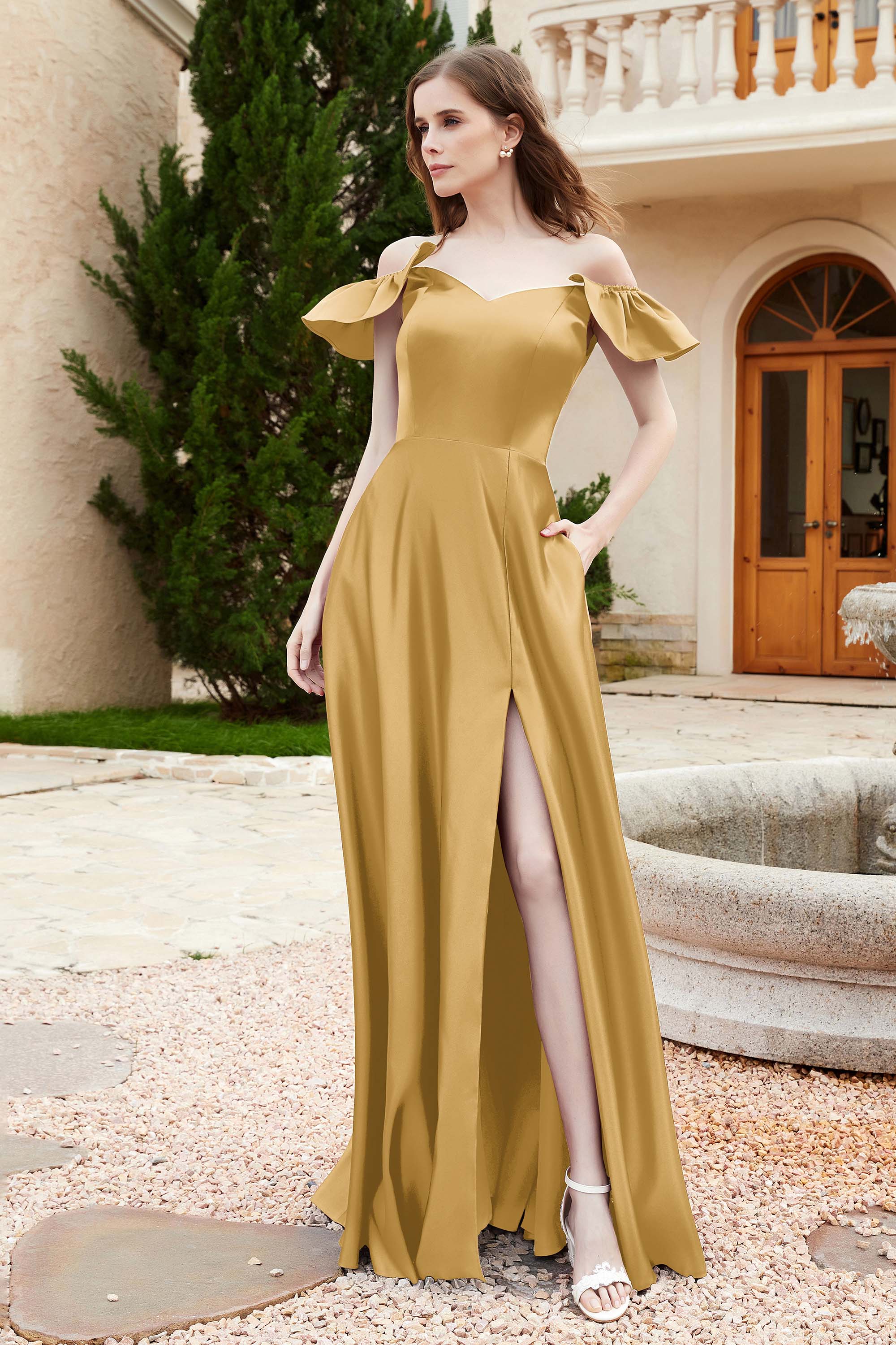 Off the Shoulder Satin Bridesmaid Dress with Pockets Formal Evening Prom Dresses with Slit