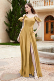 Off the Shoulder Satin Bridesmaid Dress with Pockets Formal Evening Prom Dresses with Slit