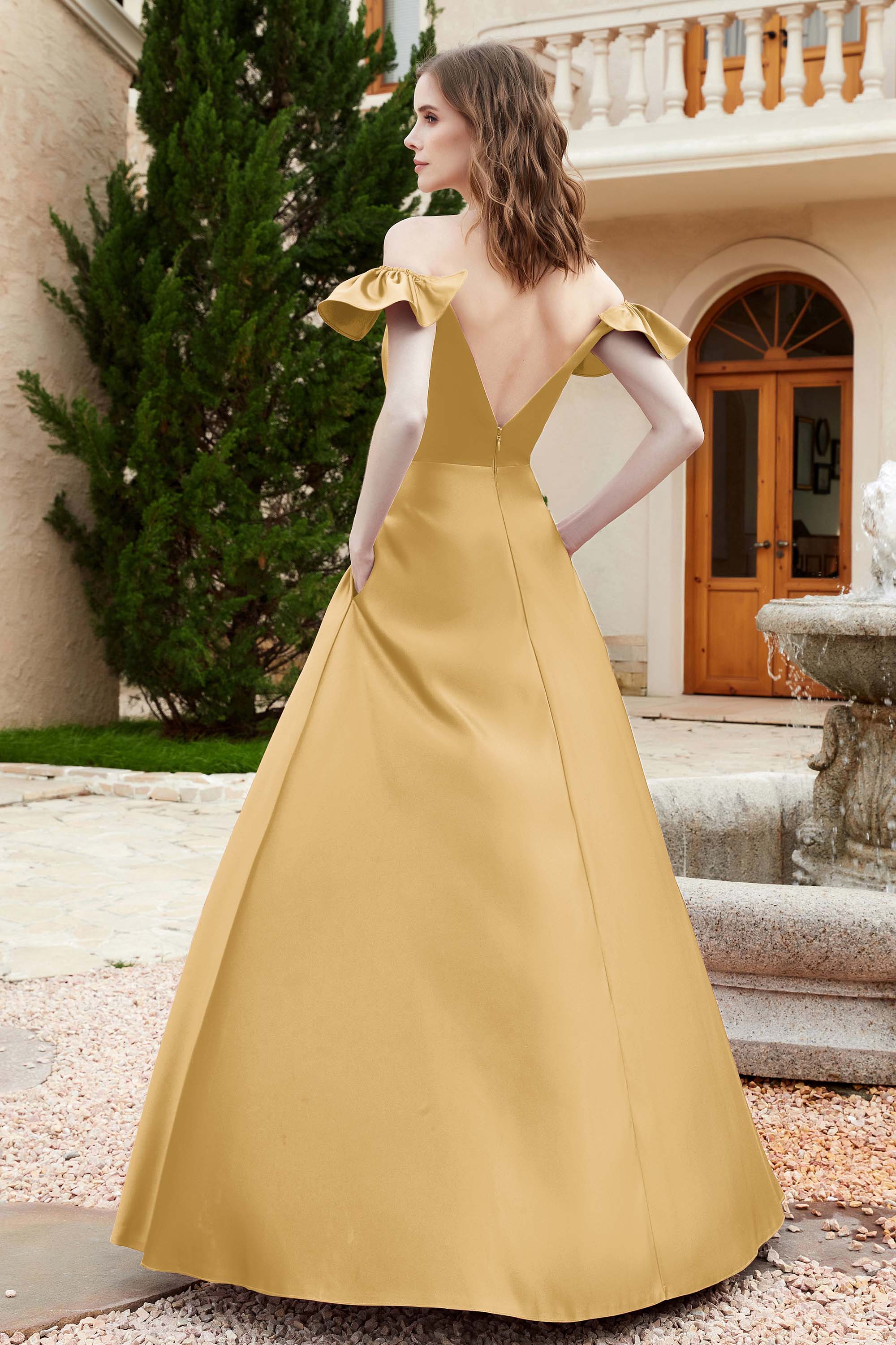 Off the Shoulder Satin Bridesmaid Dress with Pockets Formal Evening Prom Dresses with Slit