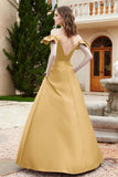 Off the Shoulder Satin Bridesmaid Dress with Pockets Formal Evening Prom Dresses with Slit