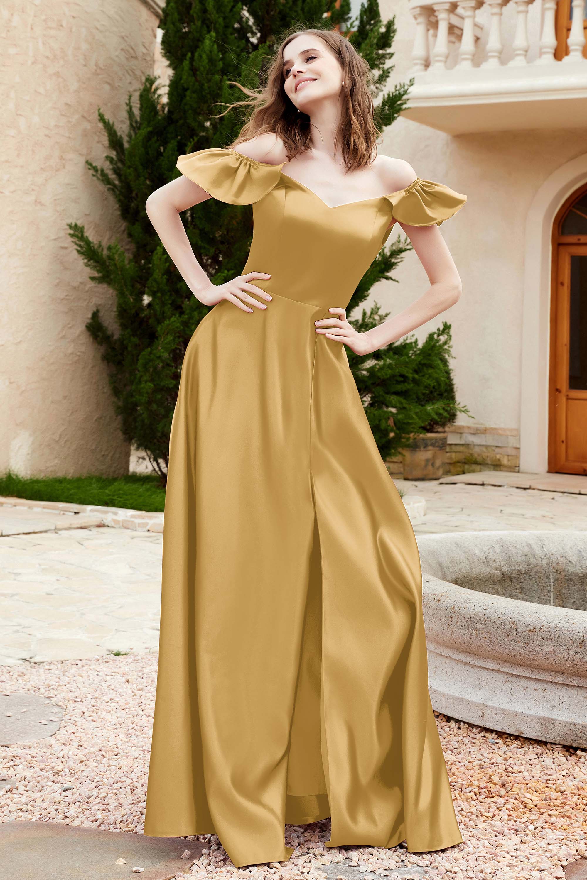 Off the Shoulder Satin Bridesmaid Dress with Pockets Formal Evening Prom Dresses with Slit