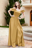 Off the Shoulder Satin Bridesmaid Dress with Pockets Formal Evening Prom Dresses with Slit