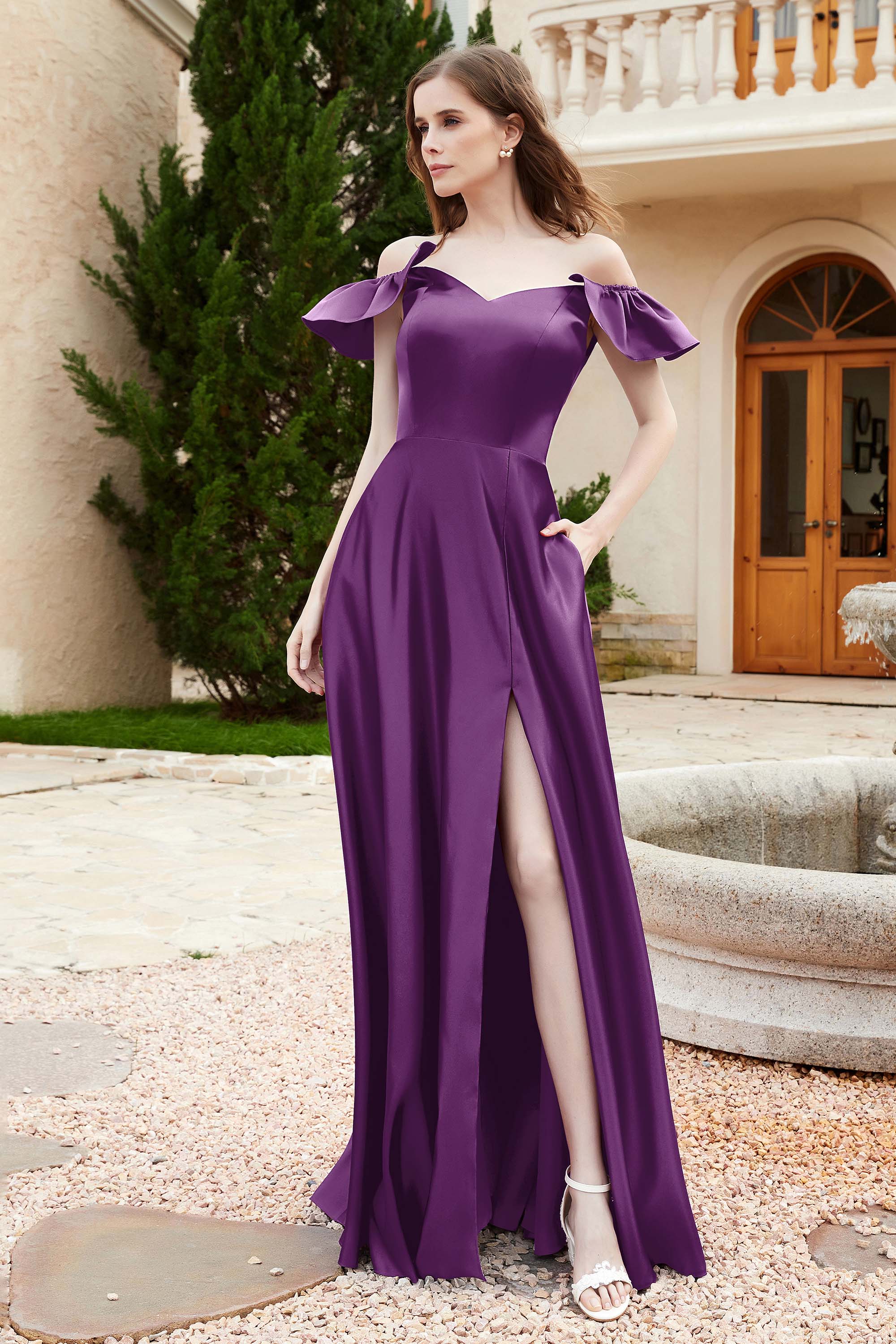 Off the Shoulder Satin Bridesmaid Dress with Pockets Formal Evening Prom Dresses with Slit