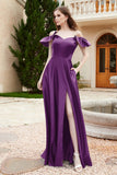 Off the Shoulder Satin Bridesmaid Dress with Pockets Formal Evening Prom Dresses with Slit