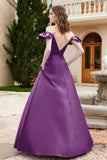 Off the Shoulder Satin Bridesmaid Dress with Pockets Formal Evening Prom Dresses with Slit