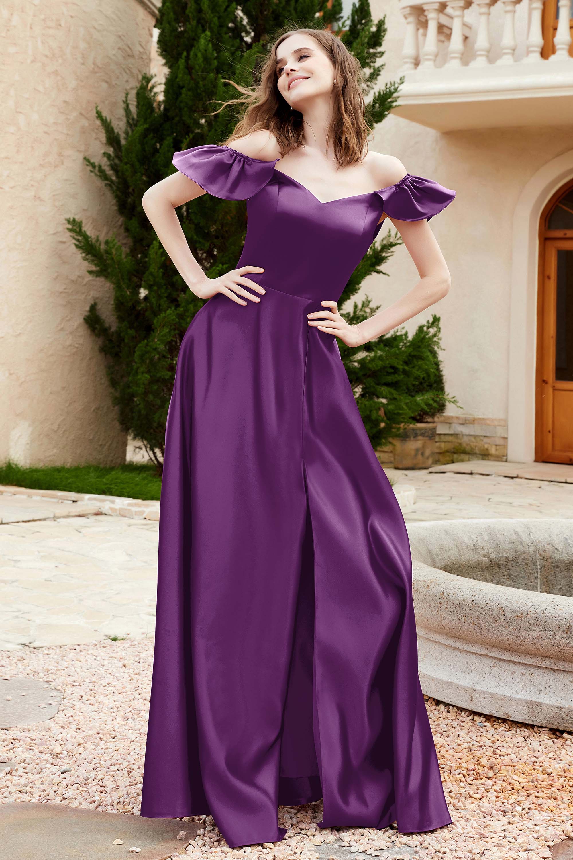 Off the Shoulder Satin Bridesmaid Dress with Pockets Formal Evening Prom Dresses with Slit
