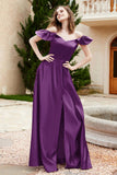 Off the Shoulder Satin Bridesmaid Dress with Pockets Formal Evening Prom Dresses with Slit