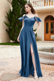 Off the Shoulder Satin Bridesmaid Dress with Pockets Formal Evening Prom Dresses with Slit