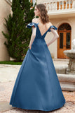 Off the Shoulder Satin Bridesmaid Dress with Pockets Formal Evening Prom Dresses with Slit