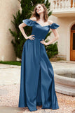 Off the Shoulder Satin Bridesmaid Dress with Pockets Formal Evening Prom Dresses with Slit