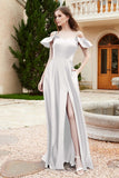 Off the Shoulder Satin Bridesmaid Dress with Pockets Formal Evening Prom Dresses with Slit